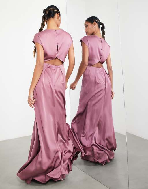 ASOS DESIGN – Brudtärnor – Lila maxiklänning i satin med draperad ringning och utskurna detaljer, 3 av 4