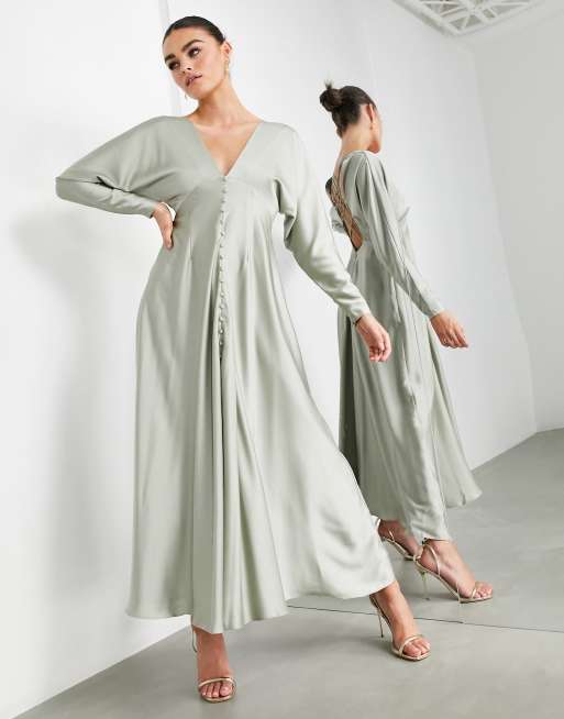 ASOS DESIGN – Brudtärnor – Salviagrön maxiklänning i satin med snörning baktill, 2 av 4