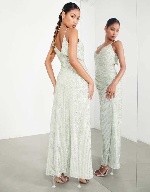 ASOS DESIGN – Brudtärnor – Salviagrön, utsmyckad maxiklänning med draperande sida och smala axelband, 2 av 4