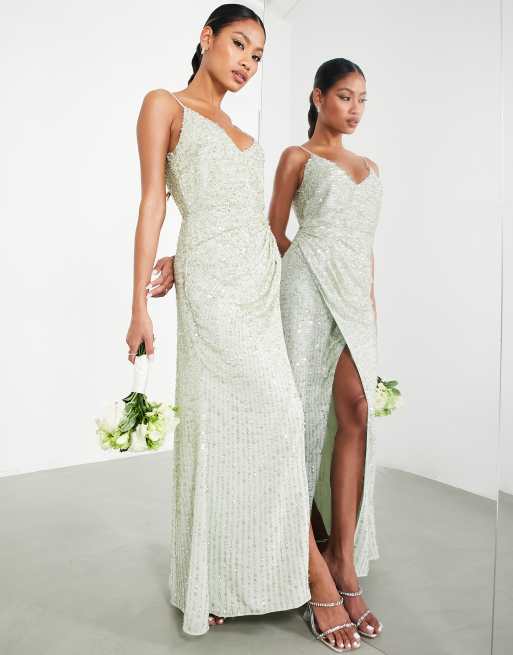ASOS DESIGN – Brudtärnor – Salviagrön, utsmyckad maxiklänning med draperande sida och smala axelband, 4 av 4