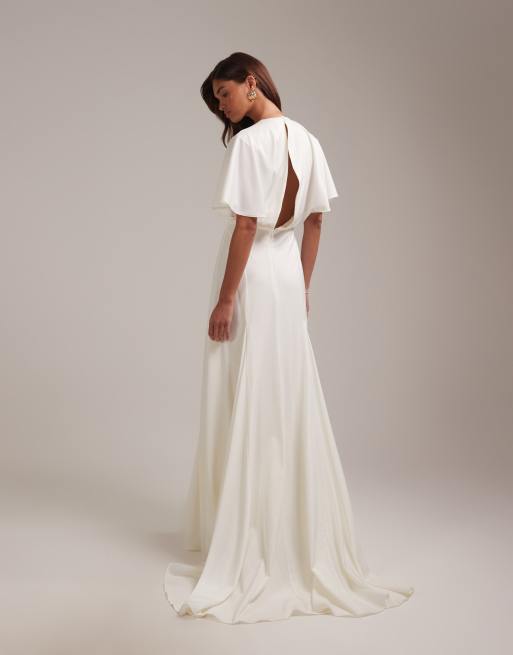 ASOS DESIGN - Bruidskleding - Maxi jurk met capemouwen en godetplooien in ivoorwit, 3 van 6