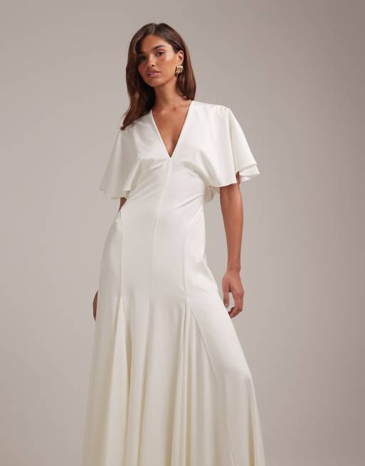 ASOS DESIGN - Bruidskleding - Maxi jurk met capemouwen en godetplooien in ivoorwit, 4 van 6