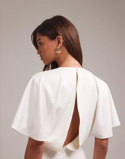 ASOS DESIGN - Bruidskleding - Maxi jurk met capemouwen en godetplooien in ivoorwit, 5 van 6