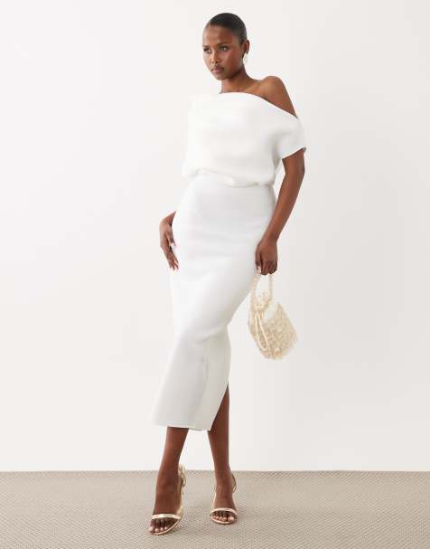 ASOS DESIGN - Bruidskleding - Midi-jurk van scuba-achtige stof met dramatische halslijn in wit - view 1