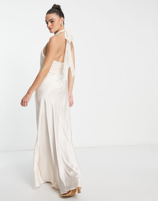 ASOS DESIGN - Bruidsmeisjes - Geplooide maxi-jurk met halternek en satijnen rok in crème, 2 van 4