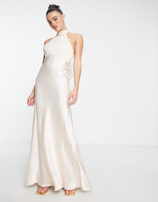 ASOS DESIGN - Bruidsmeisjes - Geplooide maxi-jurk met halternek en satijnen rok in crème, 4 van 4