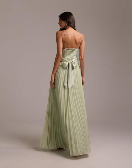 ASOS DESIGN - Bruidsmeisjes - Hybride maxi cami-jurk met geplooide rok in saliegroen, 5 van 5