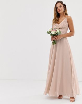 ASOS DESIGN - Bruidsmeisjes - Lange cami-jurk met striksluiting, overslag en gelaagde rok-Roze