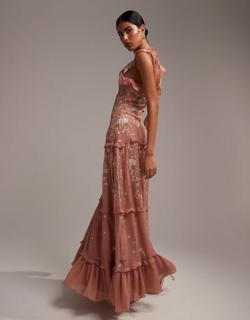 FhyzicsShops DESIGN - Bruidsmeisjes - Maxi cami-jurk met versiering en borduursels in roze