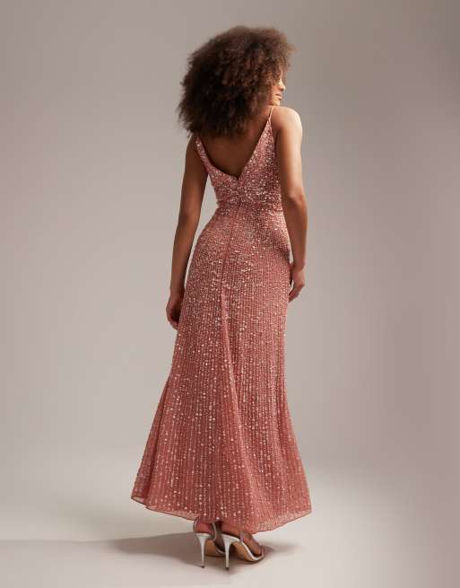 ASOS DESIGN - Bruidsmeisjes - Maxi cami-jurk met versiering en gedrapeerde zijkant in oudroze, 3 van 5