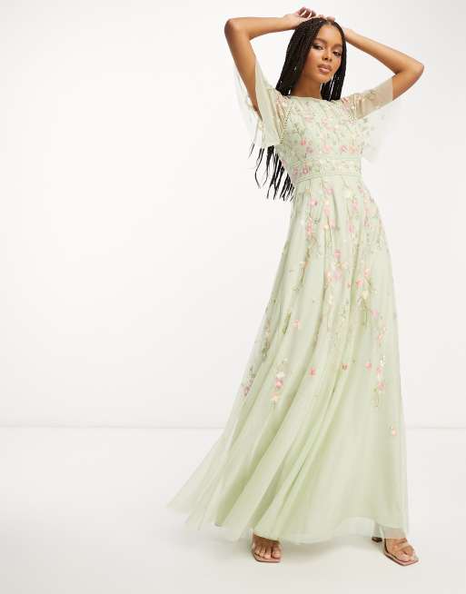ASOS DESIGN - Bruidsmeisjes - Maxi jurk met geborduurde bloemen, fladdermouwen en siersteentjes in saliegroen 