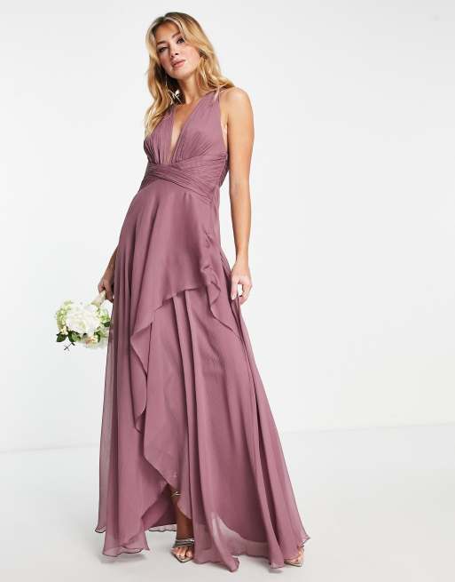 ASOS DESIGN - Bruidsmeisjes - Maxi jurk met gerimpeld lijfje en gelaagde wikkelrok in mauve