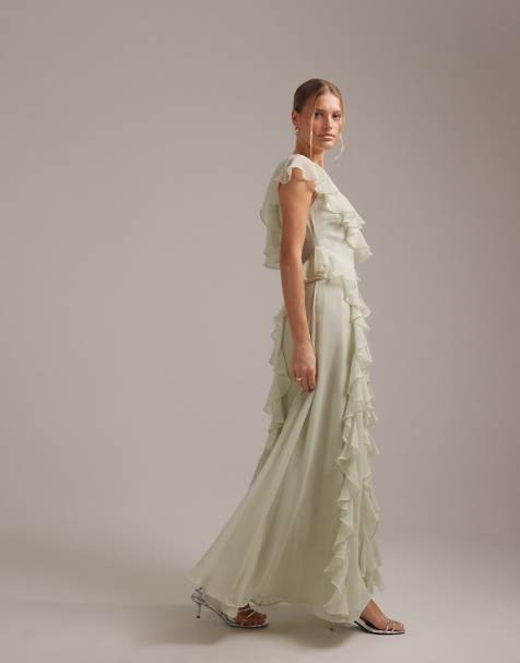 ASOS DESIGN - Bruidsmeisjes - Maxi jurk met overslag aan de voorkant en ruches in saliegroen - view 1