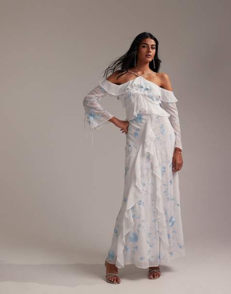 ASOS DESIGN - Bruidsmeisjes - Maxi-jurk met ruches en blote schouder in lichtblauw - view 1