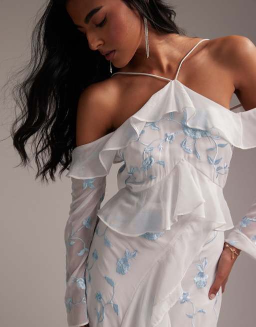 ASOS DESIGN - Bruidsmeisjes - Maxi-jurk met ruches en blote schouder in lichtblauw, 5 van 5