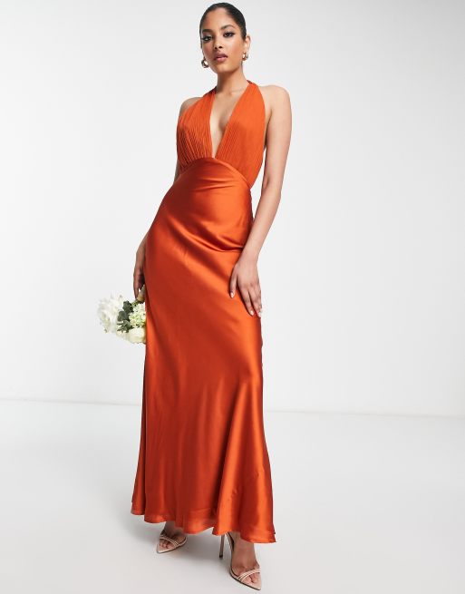ASOS DESIGN - Bruidsmeisjes - Maxi jurk met zacht geplooide lijfje en satijnen rok in roest