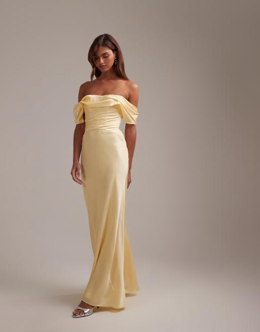 ASOS DESIGN - Bruidsmeisjes - Maxi jurk van satijn met bardot halslijn in citroengeel, 5 van 6