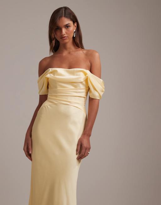 ASOS DESIGN - Bruidsmeisjes - Maxi jurk van satijn met bardot halslijn in citroengeel, 6 van 6