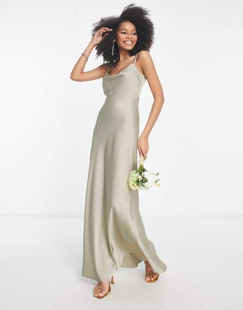 ASOS DESIGN - Bruidsmeisjes - Maxi jurk van satijn met gedrapeerde halslijn en volle rok in saliegroen - view 1