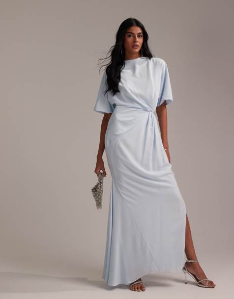 ASOS DESIGN - Bruidsmeisjes - Minimalistische gedrapeerde maxi-jurk van crêpe met rechte hals en T-shirtmouwen in lichtblauw - view 1