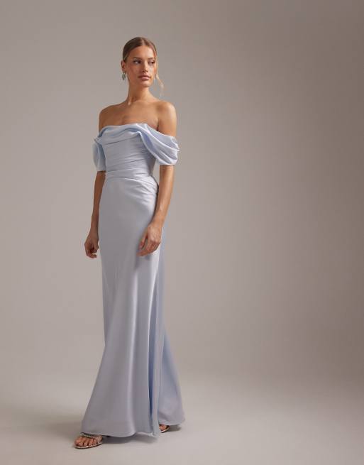 ASOS DESIGN - Bruidsmeisjes - Satijnen maxi-bardotjurk in blauw, 2 van 5