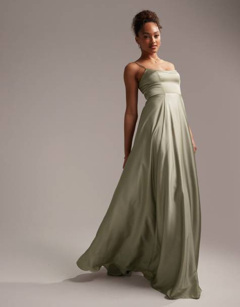 ASOS DESIGN - Bruidsmeisjes - Satijnen maxi cami-jurk met volle rok in saliegroen - view 1