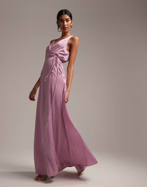 ASOS DESIGN - Bruidsmeisjes - Satijnen maxi wikkeljurk met strikdetail in lila - view 1