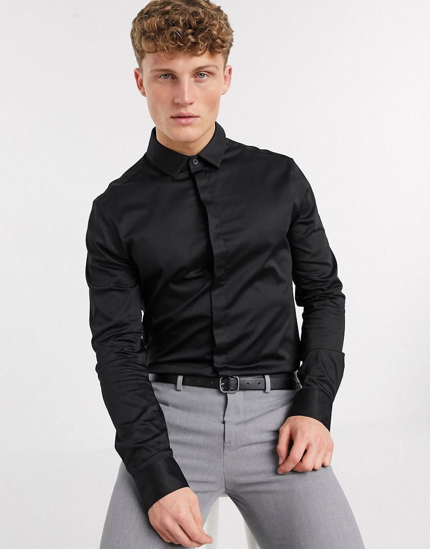 ASOS DESIGN - Bruiloft - Satijnen skinny overhemd in zwart