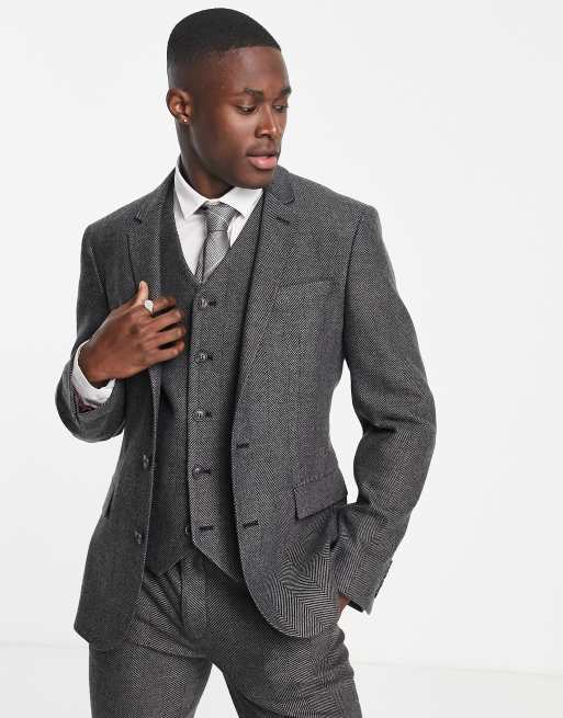 ASOS DESIGN - Bruiloft - Skinny colbert van wolmix met visgraatmotief in antracietgrijs
