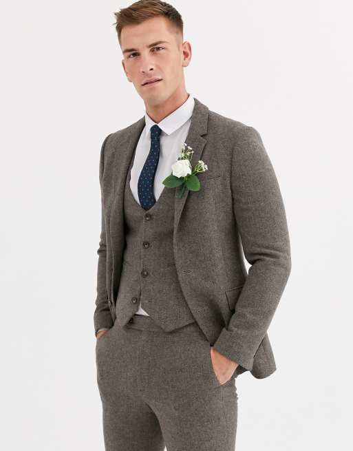 ASOS DESIGN - Skinny bruiloftskostuum van wolmix met visgraatmotief in bruin, 2 van 4