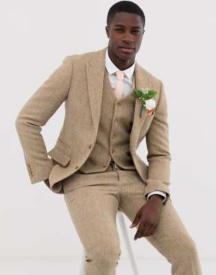 ASOS DESIGN wedding slim suit jacket in 100% wool Harris Tweed in camel-Beige Beige