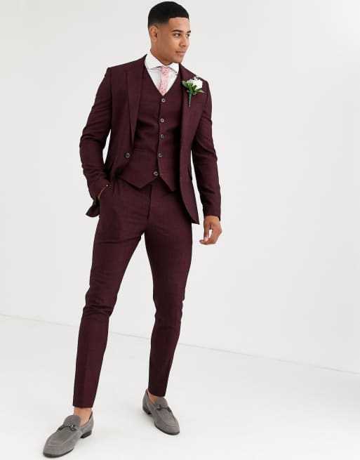 ASOS DESIGN - Bruiloft - Superskinny colbert in wijnrood met crosshatch, 4 van 4