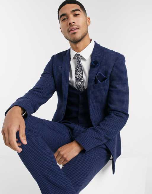 ASOS DESIGN wedding - Superskinny kostuum van wolmix met fijne pied-de-poule print in blauw, 2 van 3