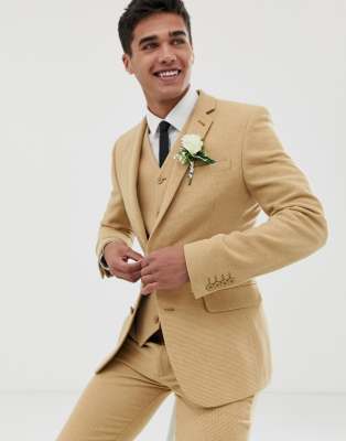 ASOS DESIGN Wedding  Sehr enge, kleinkarierte Anzugjacke aus Wollmischung in Stone Beige