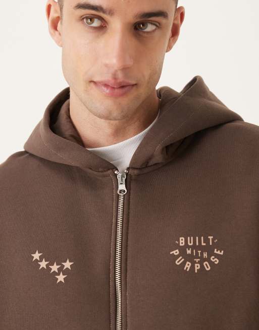 ASOS DESIGN - Brun afslappet hættetrøje med lynlås og kontrastfarvede stikninger og print, 5 af 5