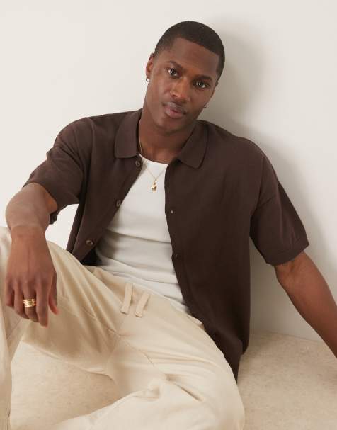 ASOS DESIGN - Brun afslappet polo med gennemgående knapper i let strikket bomuld - view 1
