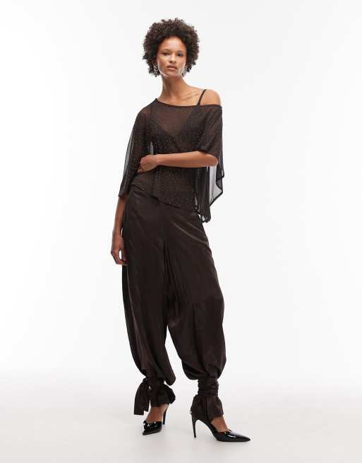 ASOS DESIGN - Brun asymmetrisk kappetop i gennemsigtig mesh med hotfix-detaljer, 2 af 4