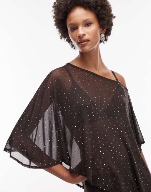 ASOS DESIGN - Brun asymmetrisk kappetop i gennemsigtig mesh med hotfix-detaljer, 3 af 4