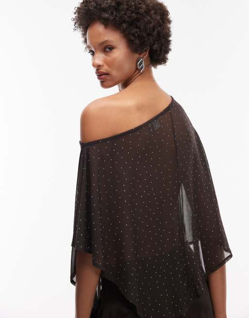 ASOS DESIGN - Brun asymmetrisk kappetop i gennemsigtig mesh med hotfix-detaljer, 4 af 4