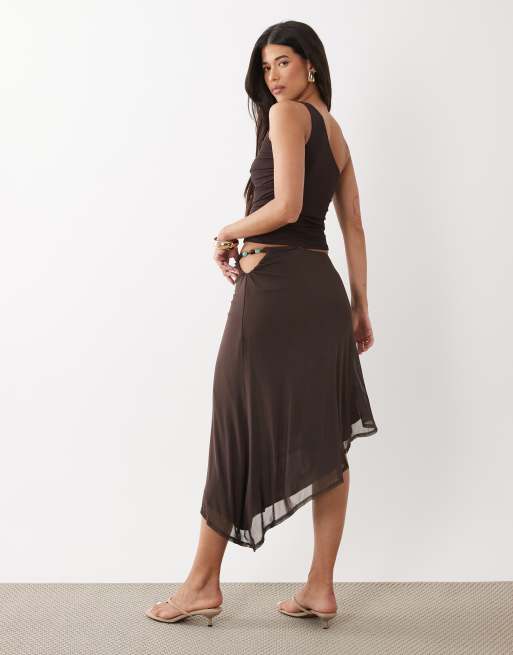 ASOS DESIGN – Brun, asymmetrisk midikjol i mesh med pärlkant, del av set, 5 av 5