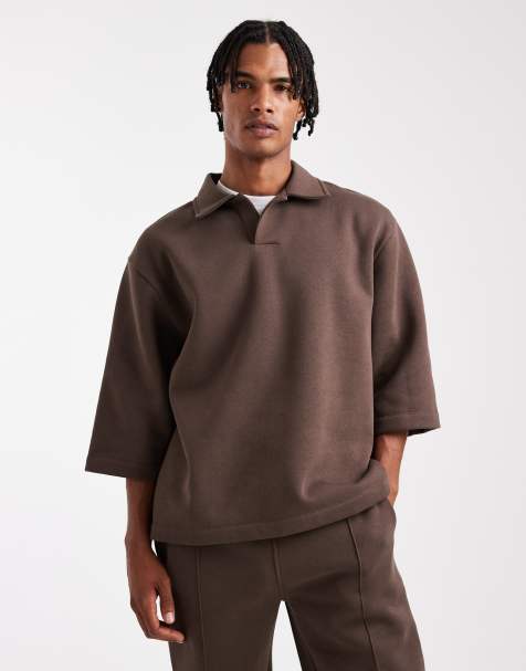 ASOS DESIGN – Brun, avslappnad pikétröja med korta ärmar i sweatshirtmaterial, del av set - view 1