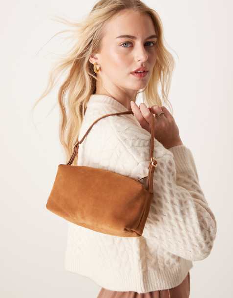 ASOS DESIGN – Brun axelväska i mocka med boxig design och spänne - view 1