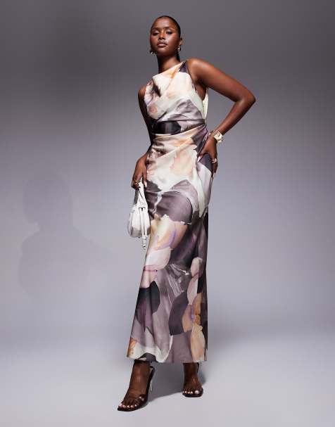 ASOS DESIGN – Brun, blommig maxiklänning med draperat liv och draperad ringning baktill - view 1