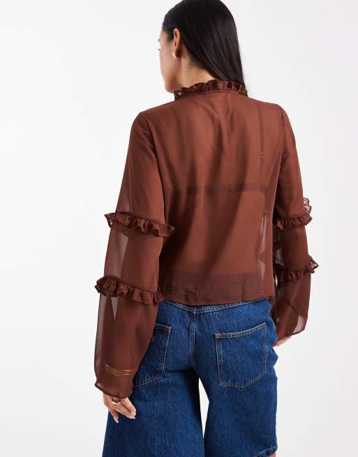 ASOS DESIGN – Brun blus i chiffong med volang, 3 av 4