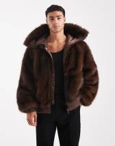 Reclaimed Vintage unisex wool look formal longline coat with faux fur collar in chocolate