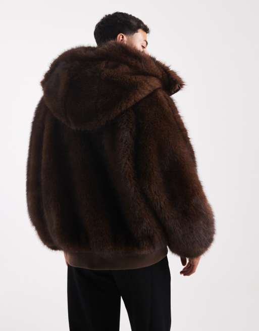ASOS DESIGN – Brun bomberjacka i oversize av fuskpäls med huva, 3 av 5