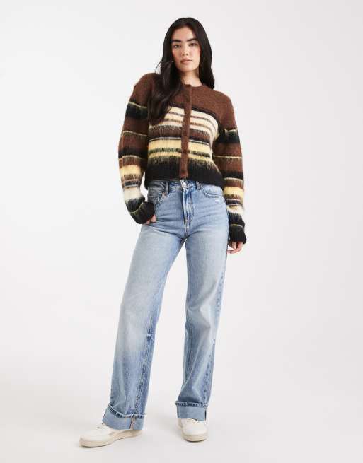 ASOS DESIGN – Brun, borstad kofta med rund halsringning, avslappnad passform och randigt mönster, 3 av 4