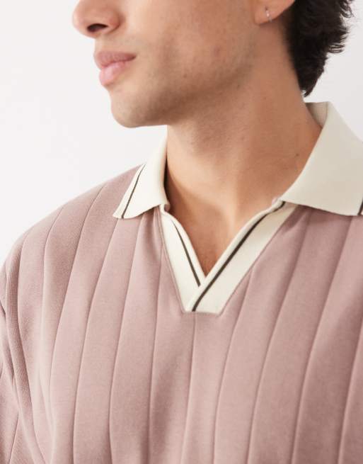 ASOS DESIGN – Brun, bredribbad pikétröja med platt krage och smal passform, 2 av 5