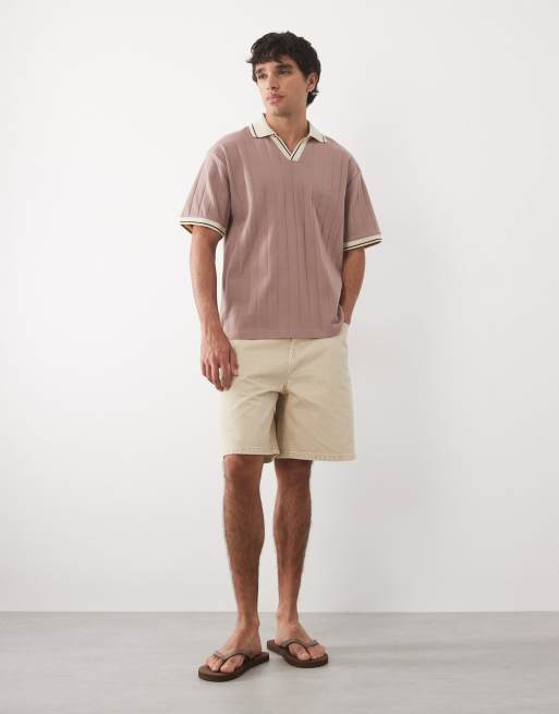 ASOS DESIGN – Brun, bredribbad pikétröja med platt krage och smal passform, 3 av 5