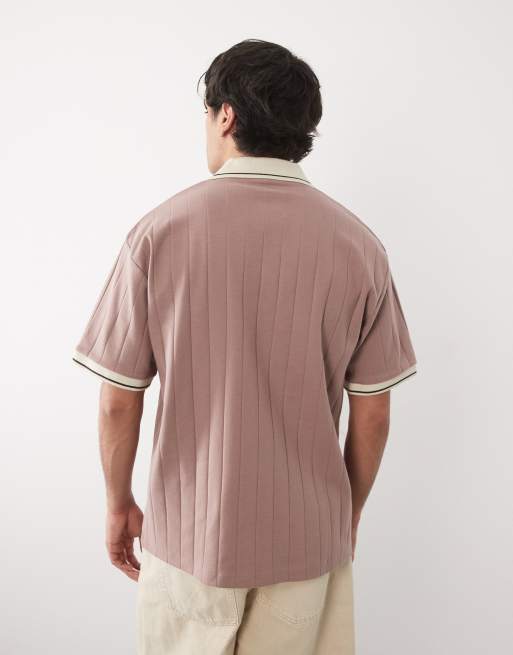 ASOS DESIGN – Brun, bredribbad pikétröja med platt krage och smal passform, 5 av 5
